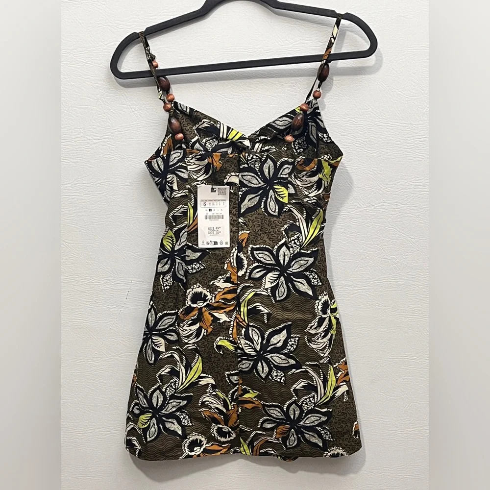 Zara Ethnic Print Beaded Floral Dress - Black, White, Green, Brown Small - Picture 5 of 16